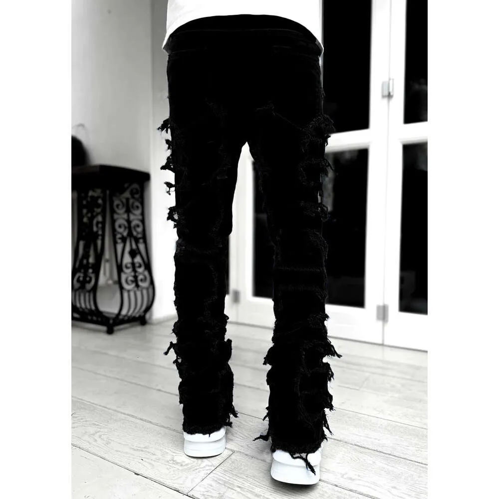 Pantalon droit en denim à patch élastique pour homme, nouvelle mode de rue_voghion.com