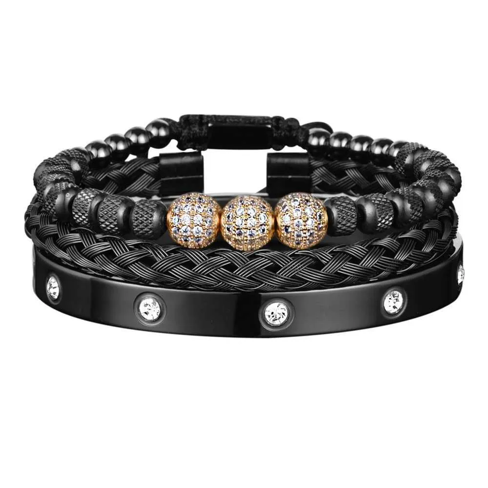 Pulseira 3 Deluxe Micro Pay CZ Contas Redondas Royal Charm Pulseira Masculina de Cristal em Aço Inoxidável Casal Joias Feitas à Mão Presentes_voghion.com