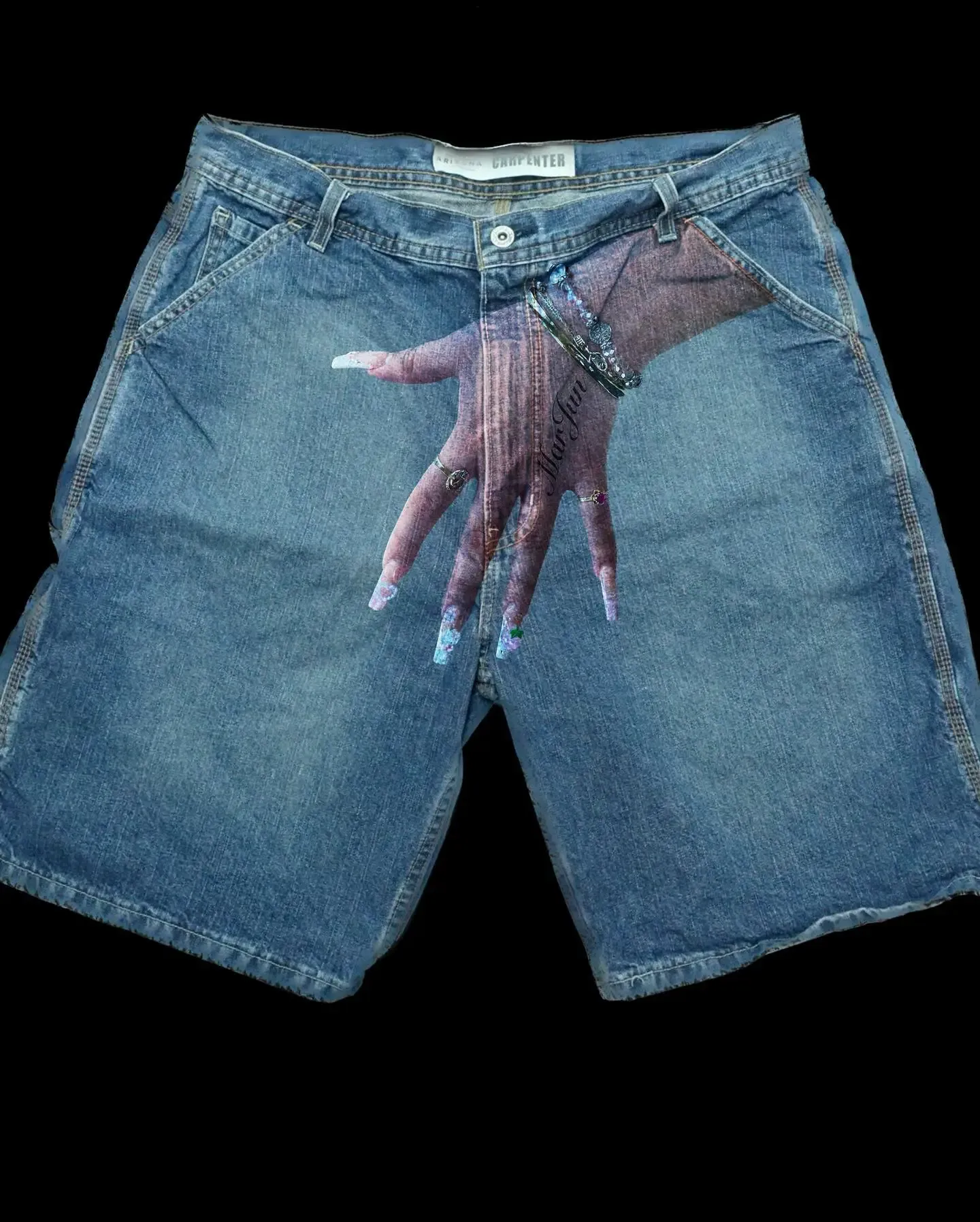 Pantaloncini da palestra da uomo, stile streetwear, Y2K, Haruku, hip hop, con stampa dita, retrò, blu, larghi, in denim, da basket, sopra il ginocchio_voghion.com
