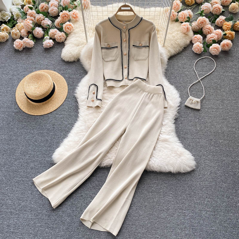 Women's Clothing Light And Mature Style Knitted Suit For Women Single Breasted Cardigan High Waisted Slimming Wide Leg Pants Two Piece Set