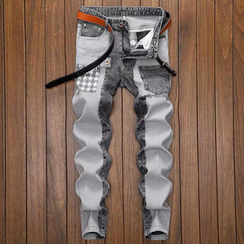 Men's Clothing Autumn patchwork jeans men's  brand slim-fitting skinny elastic trousers men's versatile workwear casual trousers