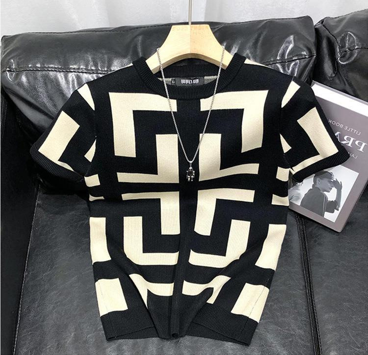 T-shirt estiva da uomo a maniche corte con motivo geometrico primaverile e autunnale slim casual trendy a maniche corte in maglia_voghion.com