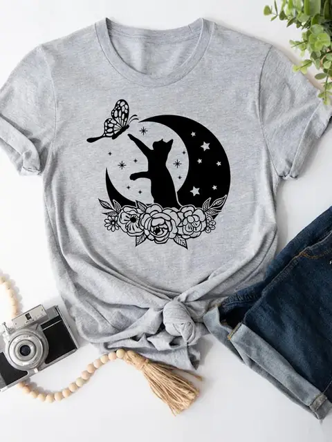 kuum müük Moon Cat Armas 90ndate lühikeste varrukatega T-särgid Naiste Multikas Särgid Riietus Mood Suvine Naistele T Top Graphic Tee_voghion.com