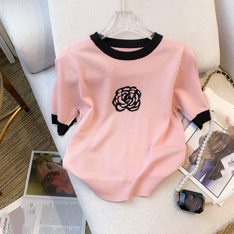 Ropa de mujer Camiseta de verano de manga corta con hombros rectos en color rosa