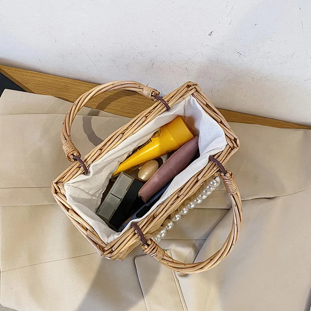 Damen Stroh und Handtaschen Sommer Rattan Handgemachte Tragetaschen Damen Bänder Sommer Strandkorb Perlen Reisetasche_voghion.com