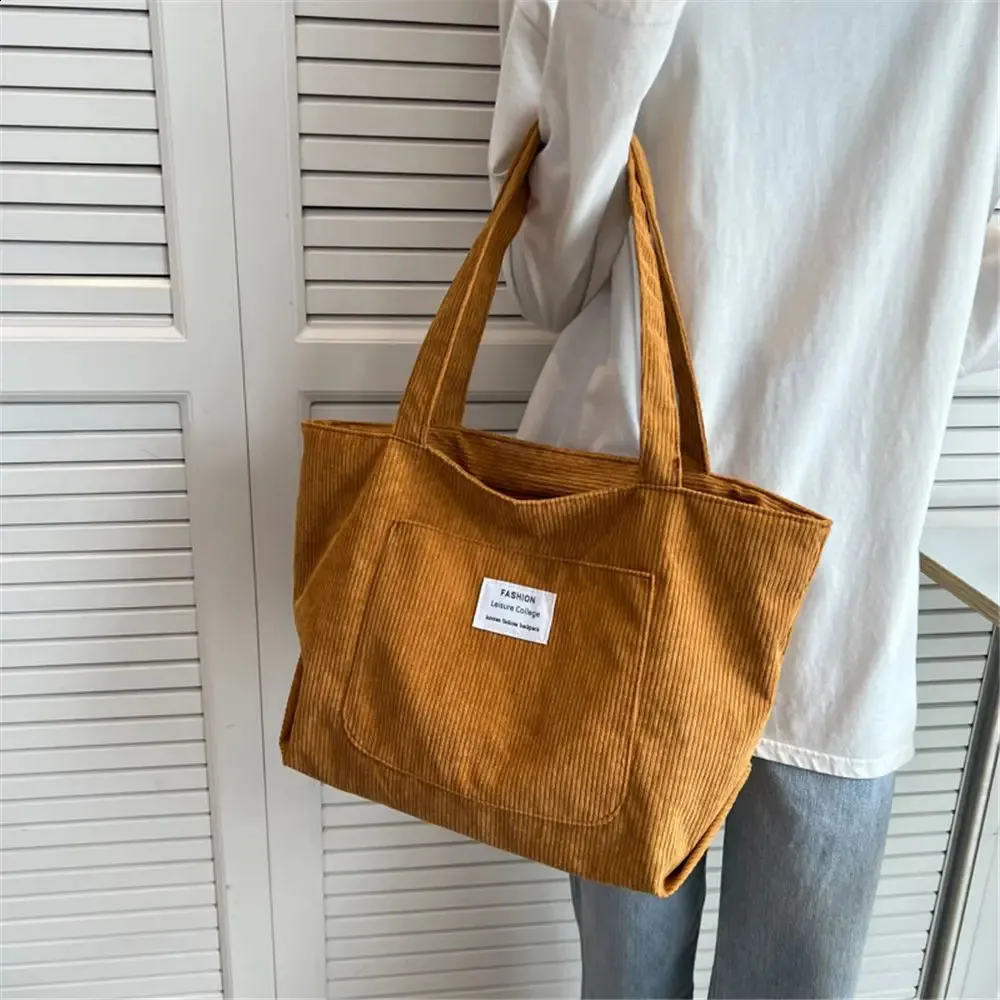 Dame skulderhåndtasker Corduroy tote stor indkøbstaske 240822_voghion.com