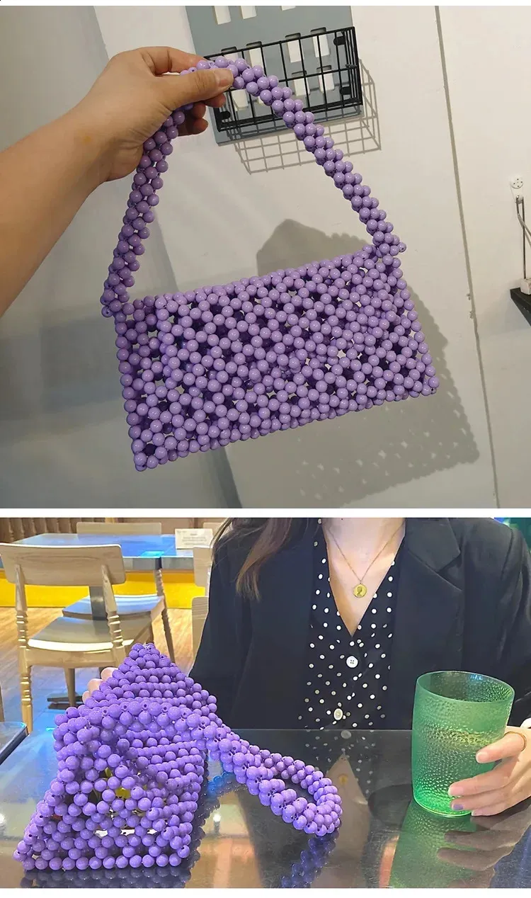 Borsa a mano con perline traforate a mano, forma triangolare, da donna, con perline acriliche colorate, per la sera, per feste e cene, 240907_voghion.com