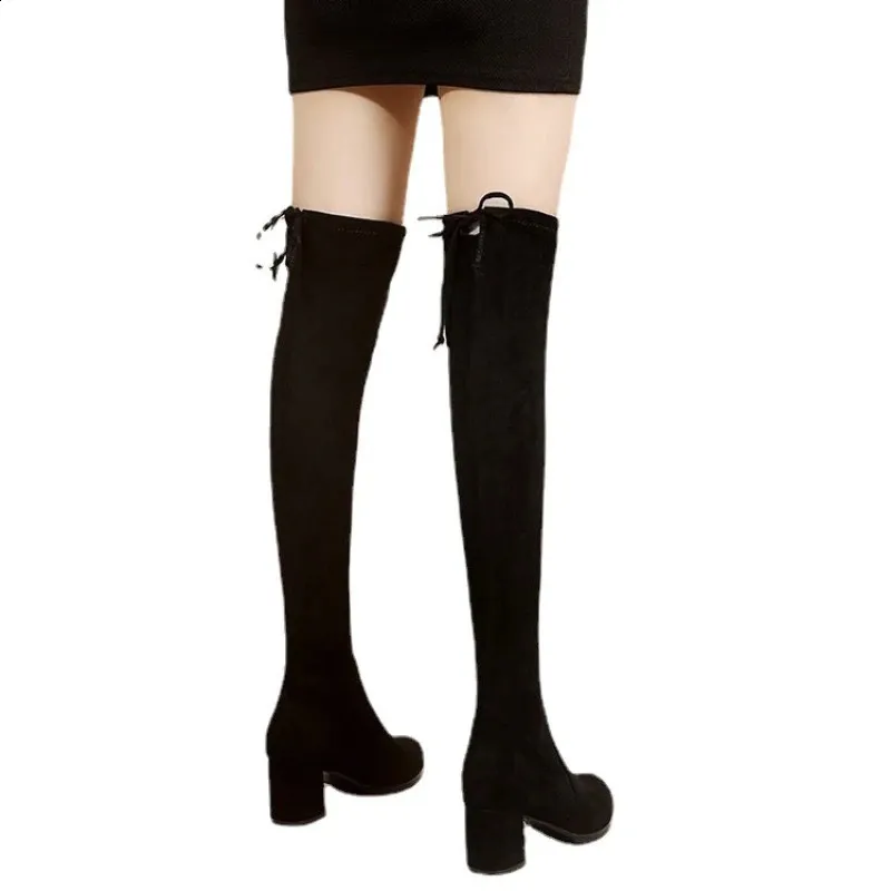 Stivali al ginocchio elasticizzati con cerniera in pelle scamosciata artificiale da donna, con pizzo e tacchi alti, neri, Botas Drone 240911_voghion.com