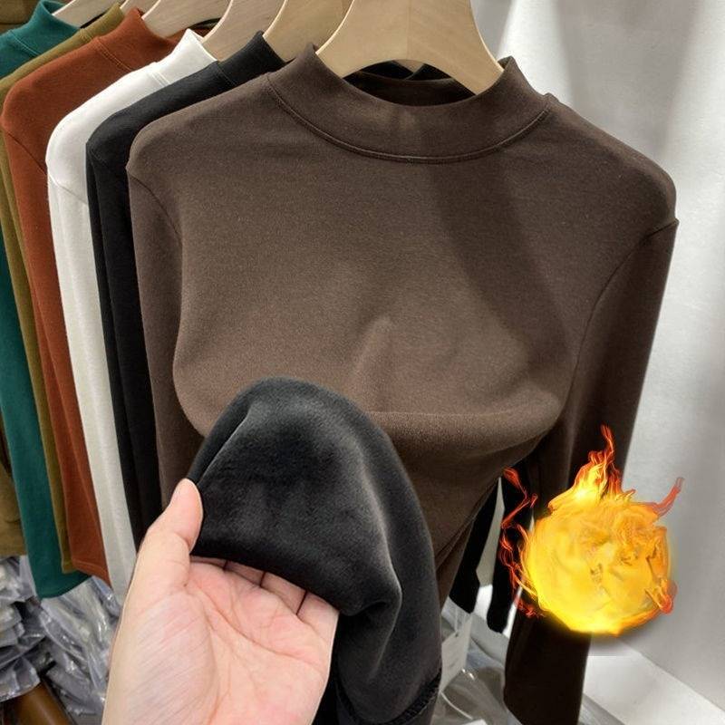 Women's Clothing Thickened fleece lined small stand up collar bottoming shirt, skin friendly, comfortable and slim fitting long sleeved top