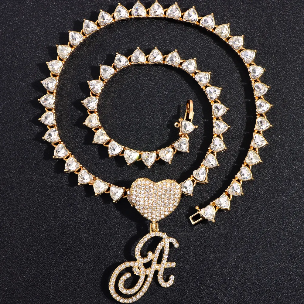 Ķēdes Modes Bling Bruģēts A-Z kursīvs Sākotnējais burts Sirds Tenisa kaklarota Sievietēm CZ Crystal Chain Hip Hop Rotaslietas_voghion.com