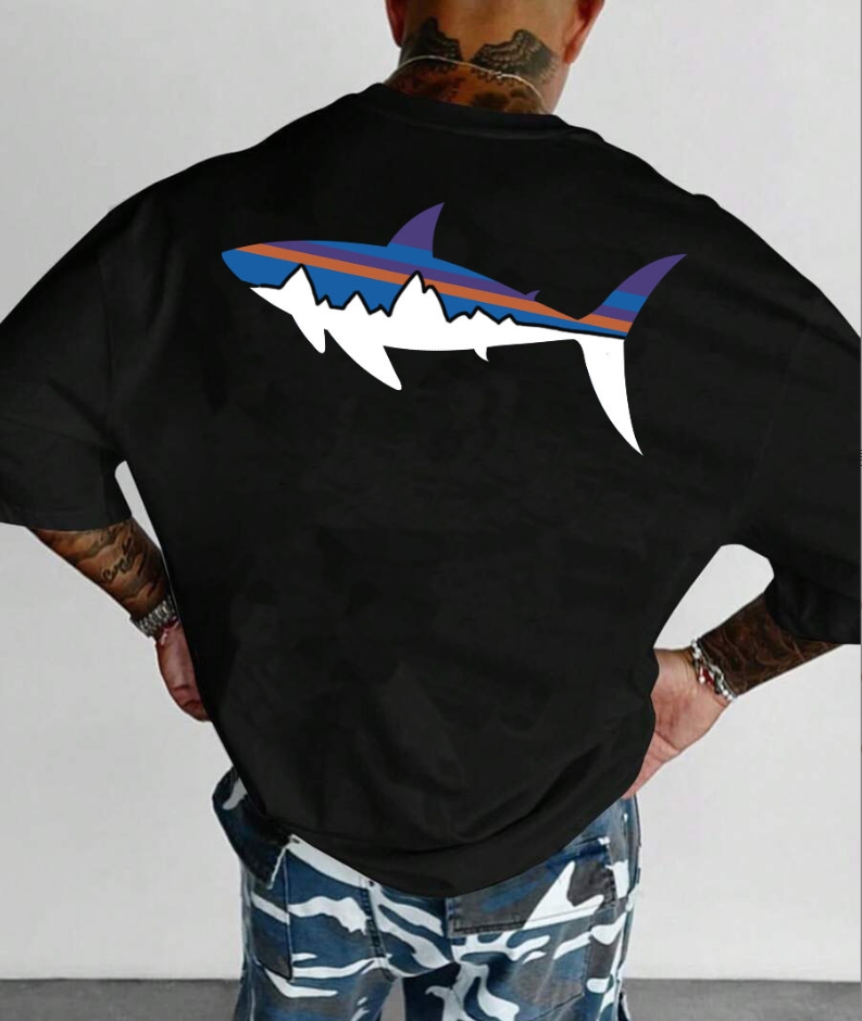 Men’s Shark Print Tee – 100% Cotton Crew Neck | Summer Casual T-Shirt