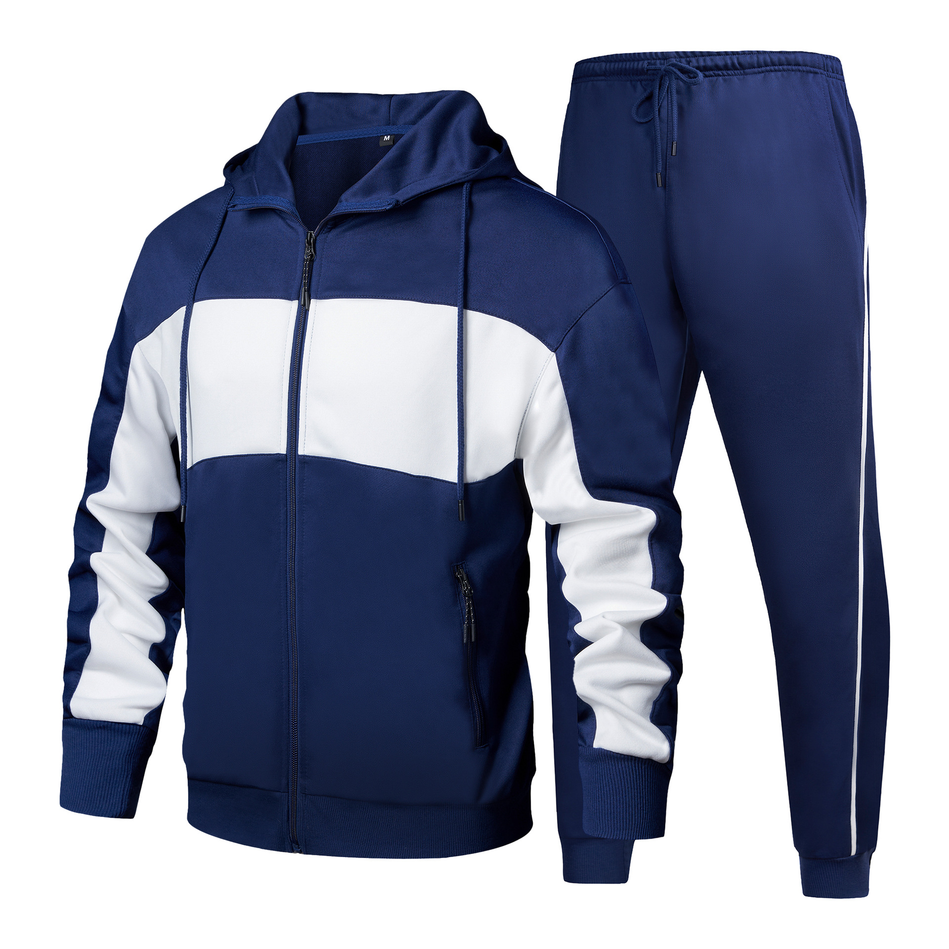 Lässiges zweiteiliges Set für Herren mit Farbkontrast, Strickjacke und Kapuze, Trainingsanzug in Übergröße_voghion.com