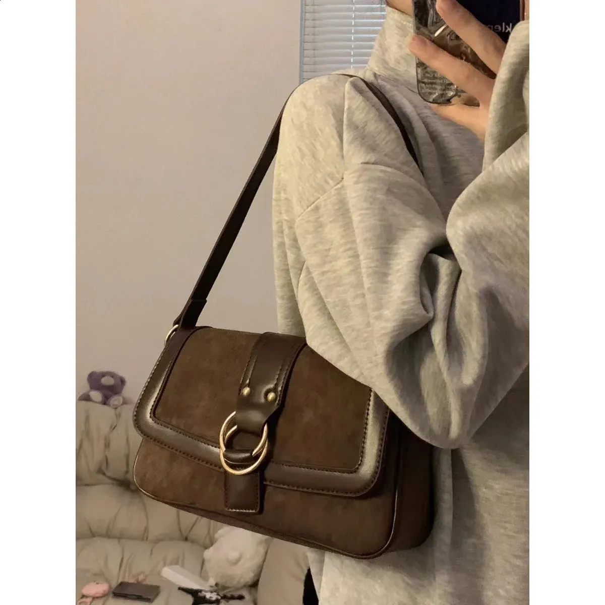 Vintage Brown Shoulder Bags for Women Trendy Flap Frosted Underarm Lady Casual Out Crossbody Bag and Purses 240924_voghion.com