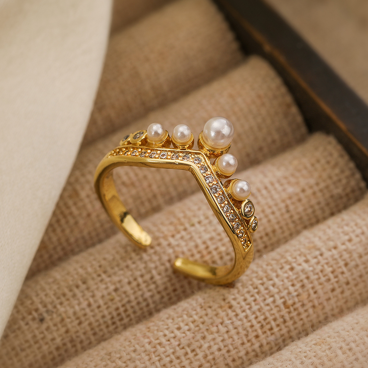 Australesch Moud Kofferplatéiert Echtgold Zirkon Perl Geometrisch Oppen fir Damen Klengen a Luxusring_voghion.com