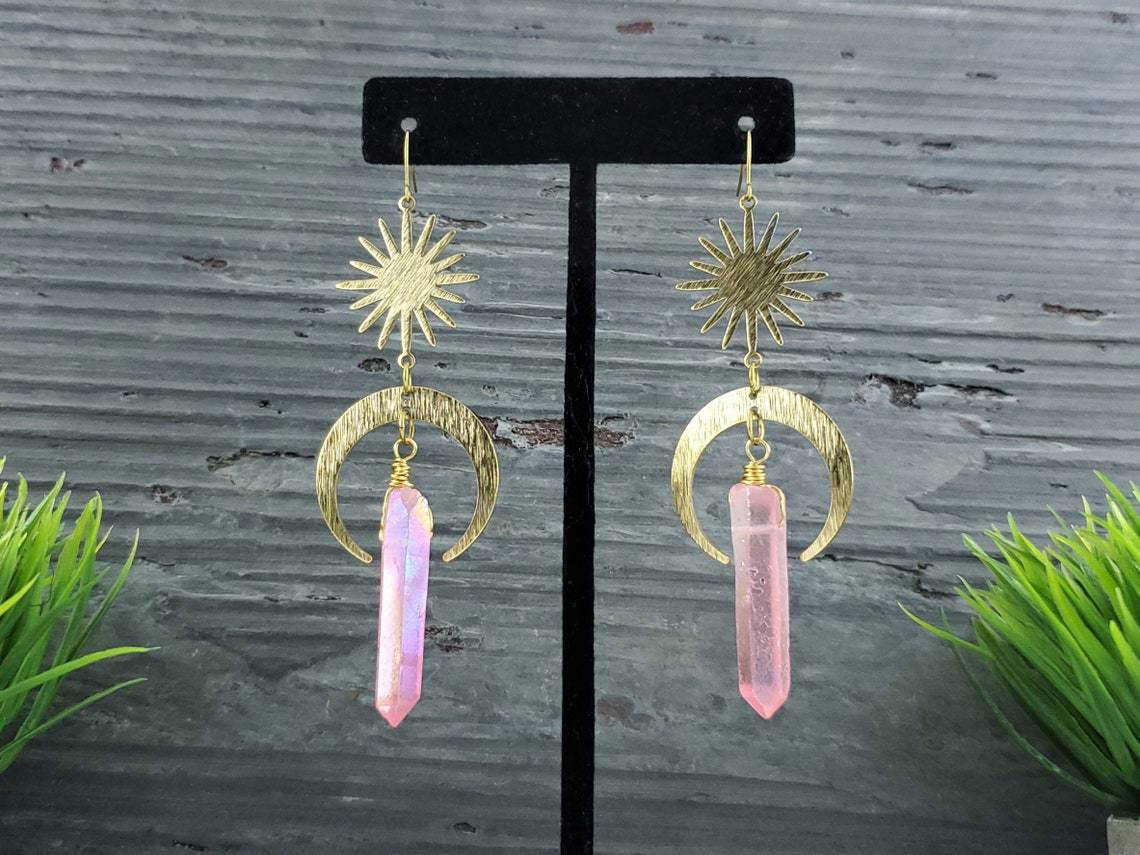 Earrings Pink Quartz Moon Earrings_voghion.com