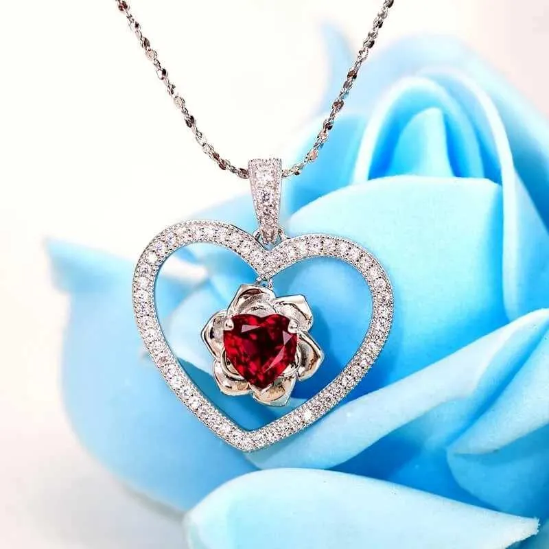 Collane con ciondolo Collana romantica squisita con ciondolo a forma di cuore con rosa L'amore perfetto è un regalo per_voghion.com