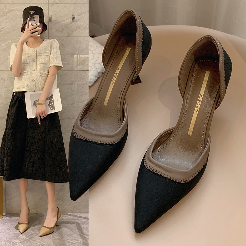 High heels 2024 spring new retro small leather shoes color matching pointed thin heels hollow fashion single shoes women