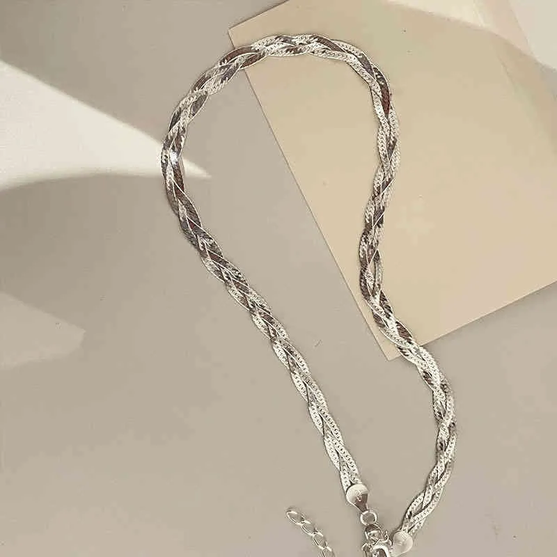 Braided Silver Chain Necklace Sterling Silver Trendy Elegant_voghion.com