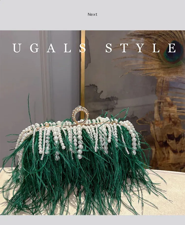 Pochette de soirée en plumes avec perles pour mariage et soirée_voghion.com