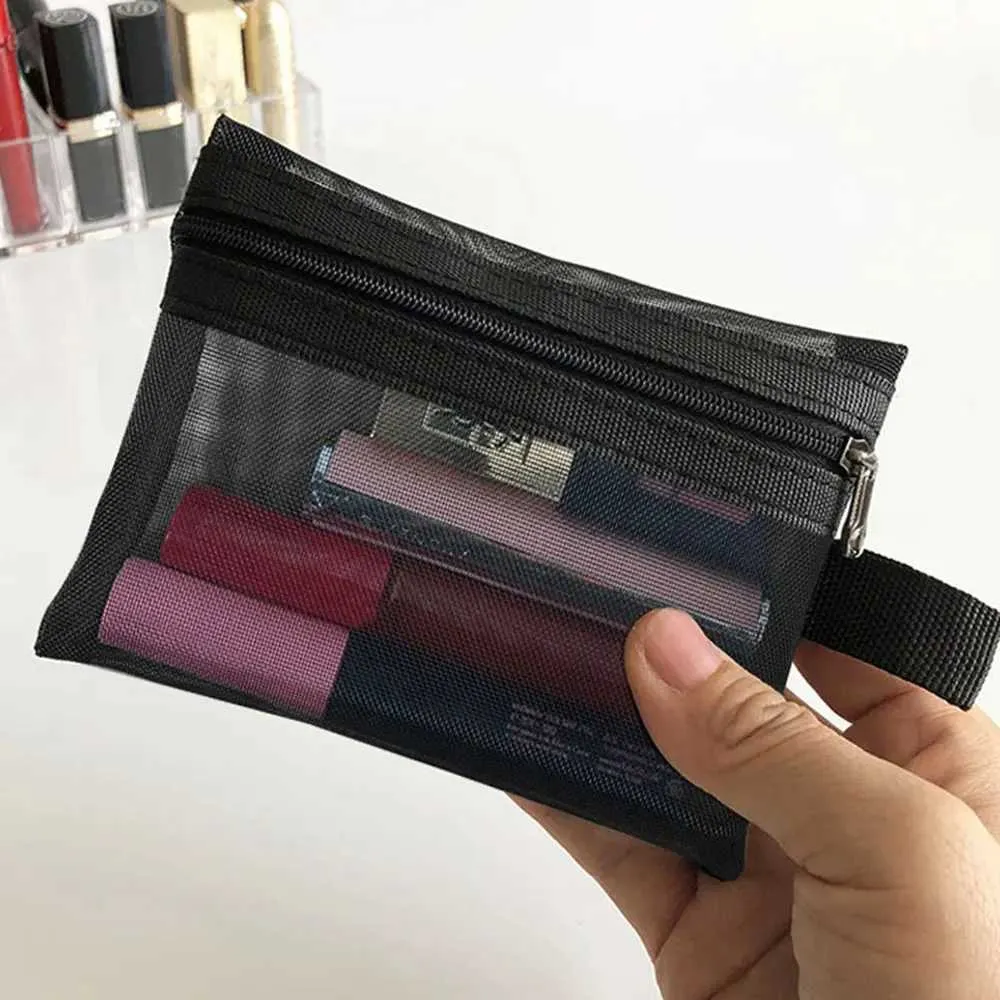 Nouveau petit sac de rangement de toilette de voyage portable en maille transparente noire pour cosmétiques Y241023_voghion.com