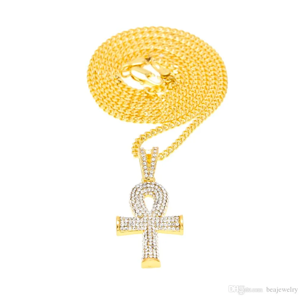Neue Mode Ägyptischen Ankh Schlüssel des Lebens Bling Strass Kreuz mit Rot Rubin Anhänger Halskette Set Männer Hip Hop Schmuck Geschenk_voghion.com