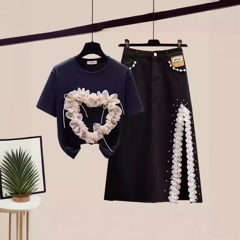 Ensemble deux pièces haut à manches courtes et jupe en jean fendue pour femme_voghion.com