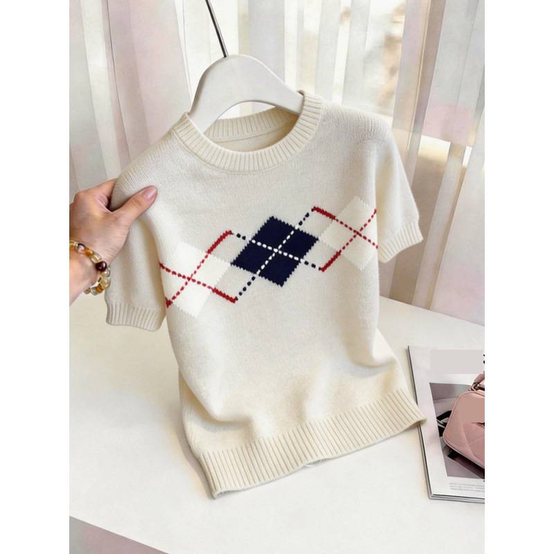 Women's Retro Diamond Pattern Knit Top Short Sleeve T-shirt_voghion.com