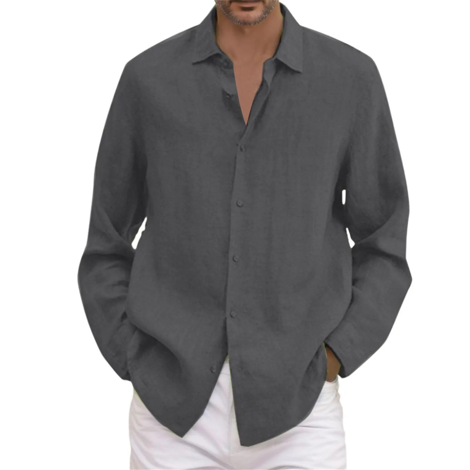 Einfarbig Casual Herren Hemd Umlegekragen Langarm Hemden Herren Frühling Herbst Bluse Männlich Dünn Atmungsaktiv Locker_voghion.com