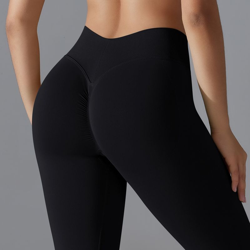 Seamless Knitted Solid Color Tight High Waist Peach Hip V-Waist Yoga Sports Running Fiess Pants_voghion.com