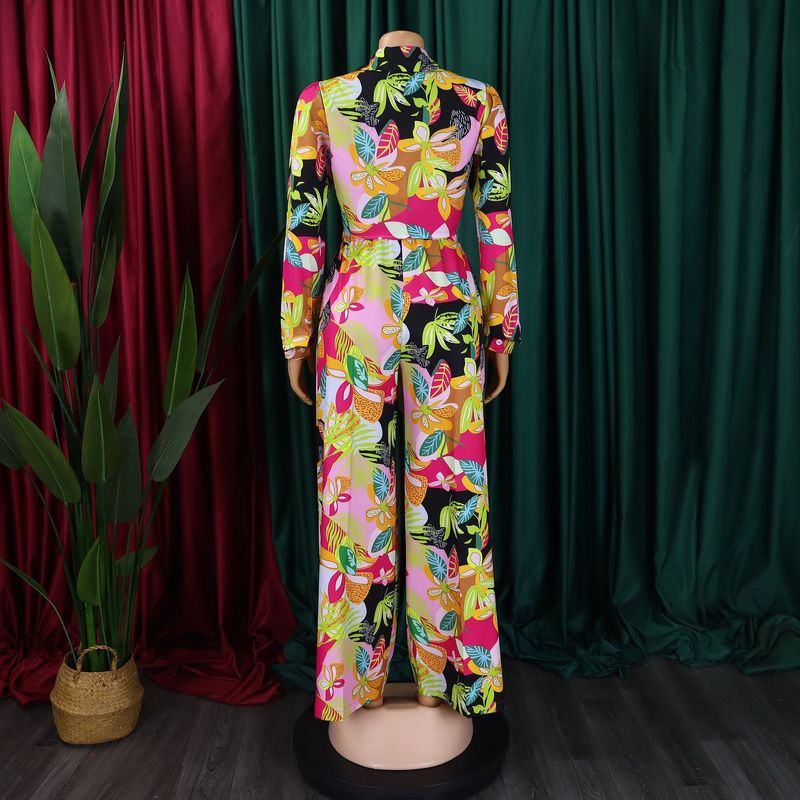 Women's Fashion Print Two-piece Lapel Tie Shirt Wide Leg Pants Suit_voghion.com