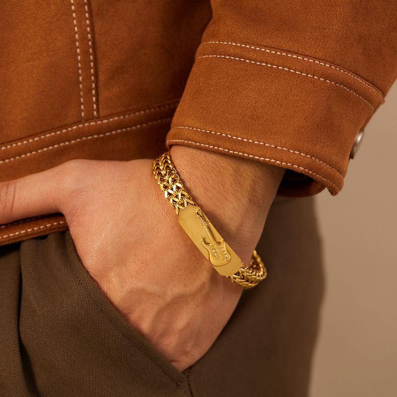 Bracciale da uomo placcato oro, design alla moda in acciaio inossidabile, chitarra tridimensionale_voghion.com