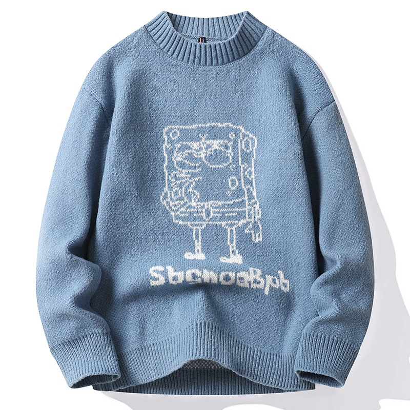 Sweater men's round neck autumn/winter 2022 new loose fitting youth knitted cartoon outerwear bottom sweater student top_voghion.com