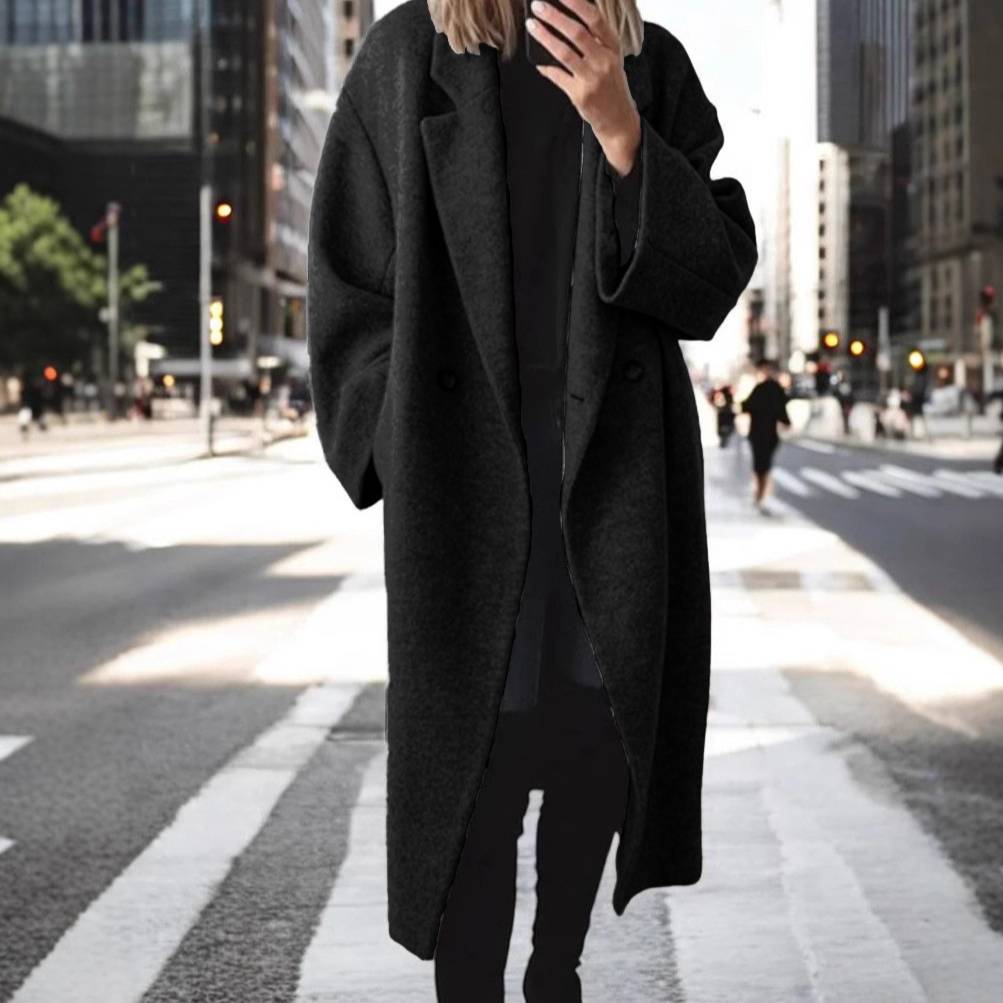 ​​"Elegant Long Wool Blend Trench Coat For Women - Slim Fit, Single-Breasted, Classic Lapel, Multiple Colors & Sizes (Black, Gray, Brown, Navy)"​​_voghion.com