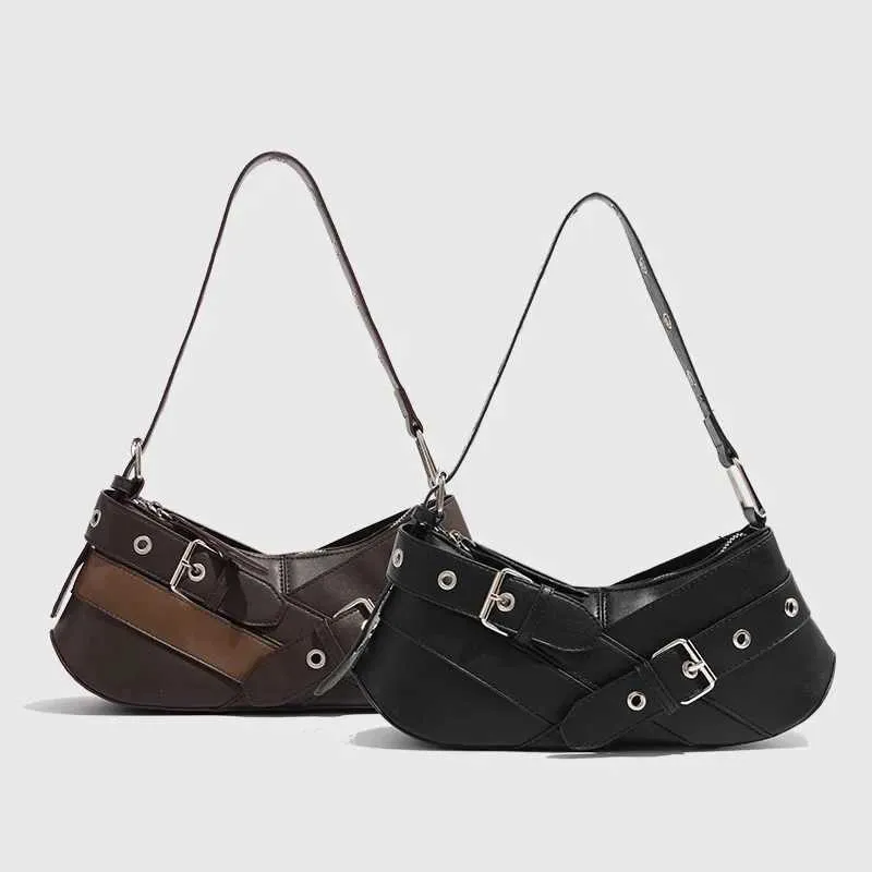 Retro belt decoration shoulder designer armrest punk motorcycle bag Pu leather womens handbag Y241216_voghion.com