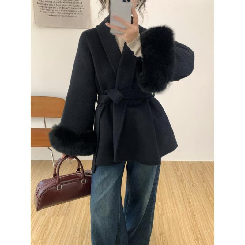 Women’s Clothing Elegant Short Wool Coat For Petite Women – Stylish Belted Trench Coat Loose Fit, Pure Color Design For Autumn Winter Office & Casual