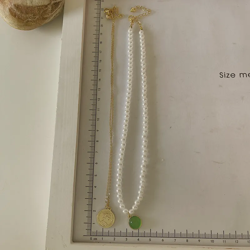 Hängshalsband 2 st/set Guldfärgad Pärla Mynt Grön Opal Halsband För Kvinnor Gotisk Kedja Dubbelskiktad Boho Halsband_voghion.com
