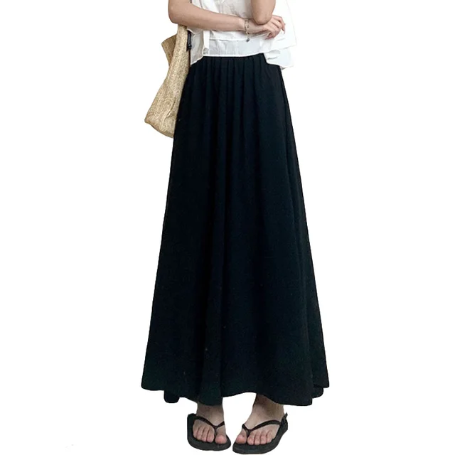 vendita calda cotone linea gamba larga donna primavera estate solido looe semplice alto elastico attesa stile coreano plissettato A-line pantaloni_voghion.com