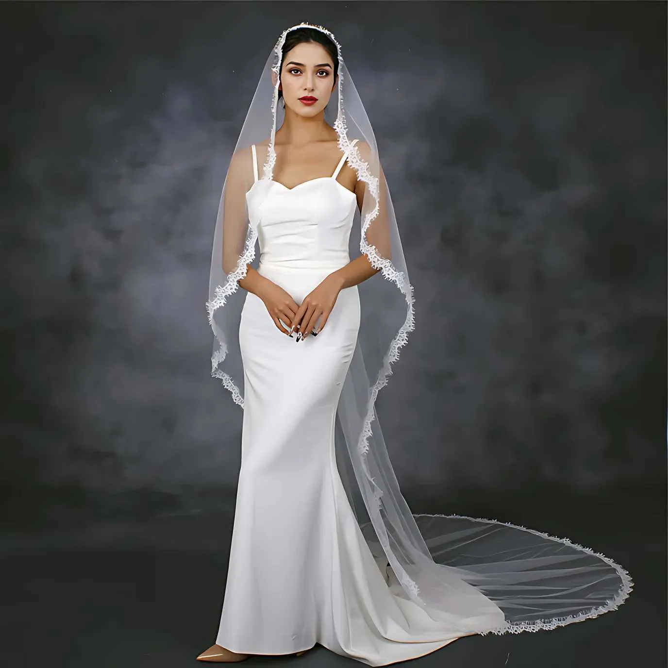 Velo di gioielli per capelli 1 livello Veli lunghi Accessori da sposa da sposa Capesante in pizzo Morbido tulle corto Veu VP98_voghion.com