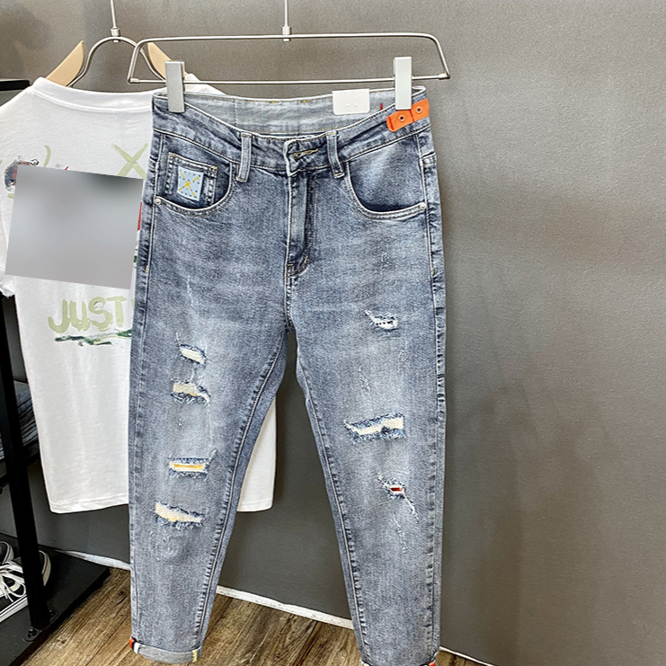 Vêtements pour hommes, nouveaux jeans déchirés d'automne pour hommes, marque tendance, beaux pantalons carotte polyvalents, élastiques, coupe slim, skinny, neuf points, pantalons longs