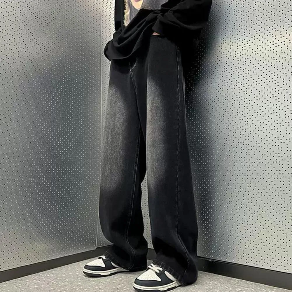 Men's Jeans Men Retro Washed Blue Hop Denim Trousers With Gradient Contrast Color Wide Leg Pockets High Street Style For_voghion.com