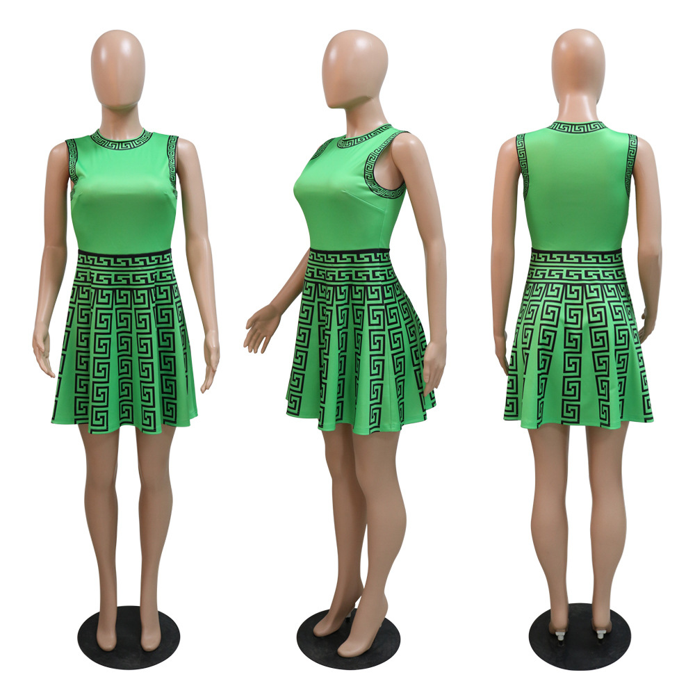 Women's Clothing Fashion crew neck sleeveless pleated dress woman_mkmklike.com