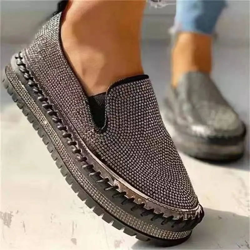 Ladies Flat Sequined Sneakers Casual Women's Mesh Lace-up Fine Dia Sequins Thick-soled Comfortable Vulcanized Shoes_voghion.com