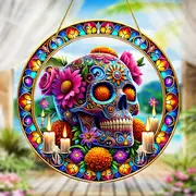 Vibrant Sugar Skull Suncatcher - 9" Stained Acrylic Art. Festive Decor For Dia De Muertos Celebrations Or Cafe Spaces._voghion.com