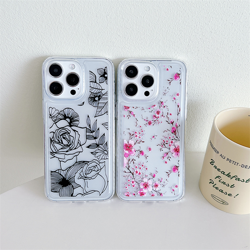 Blommigt genomskinligt telefonskal för iPhone 15 14 Plus 13 12 11 Pro Max stötsäkert silikon mjukt TPU bakstycke_voghion.com