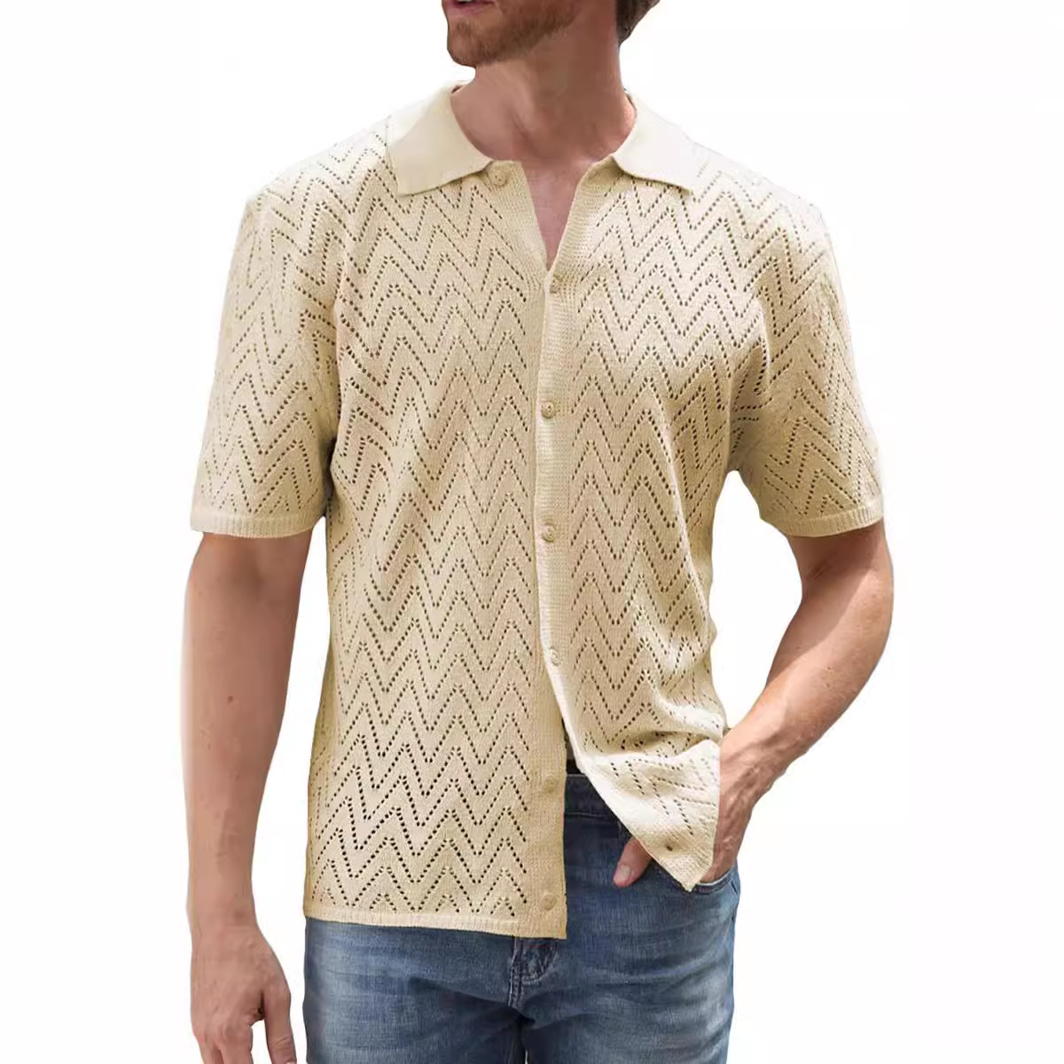 Ropa de hombre Camisa de punto informal para hombre Camisa de manga corta para hombre Cárdigan de color liso Tops calados Ropa de hombre_voghion.com
