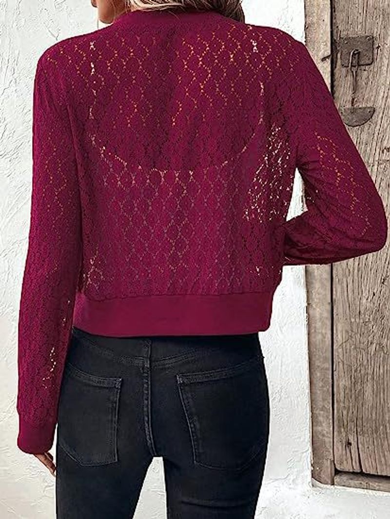 Women's clothing transparent lace long-sleeved zipper front baseball collar pilot jacket cross-border outerwear_voghion.com
