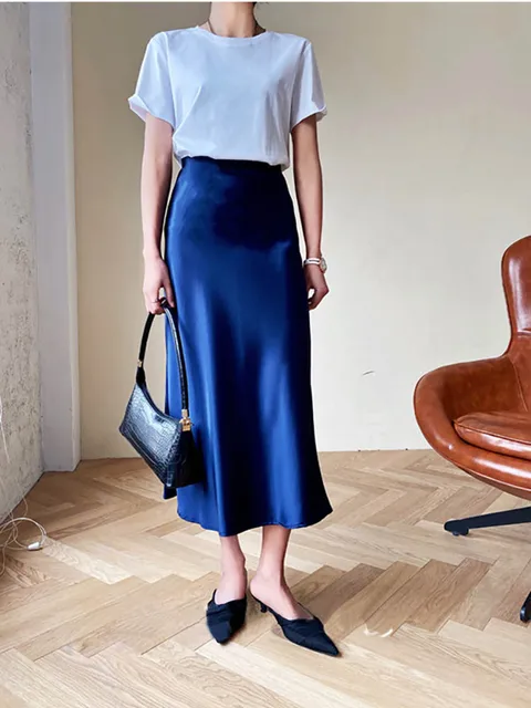 Heißer verkauf Silk Satin Röcke für Frauen Koreanischen Stil Champagner Büro Hohe Taille A-linie Mode Elegante Solide Lange Bleistift Rock 2024_voghion.com