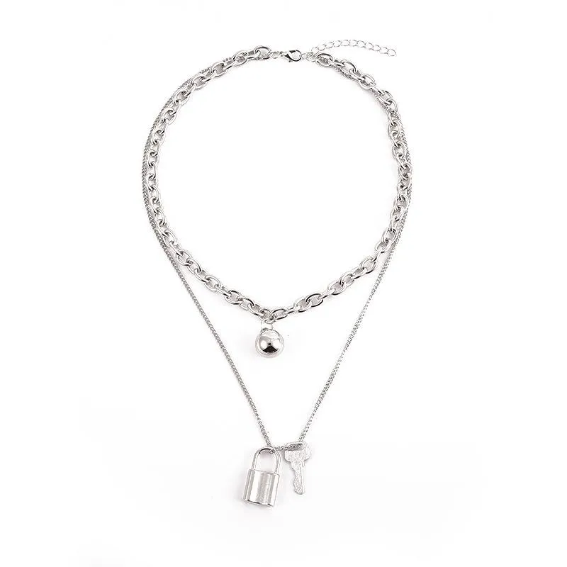 Chains Key Lock Head Double Layer Necklace Sweater Chain Accessories Personality Hipster Choker Hip Hop Creative_voghion.com