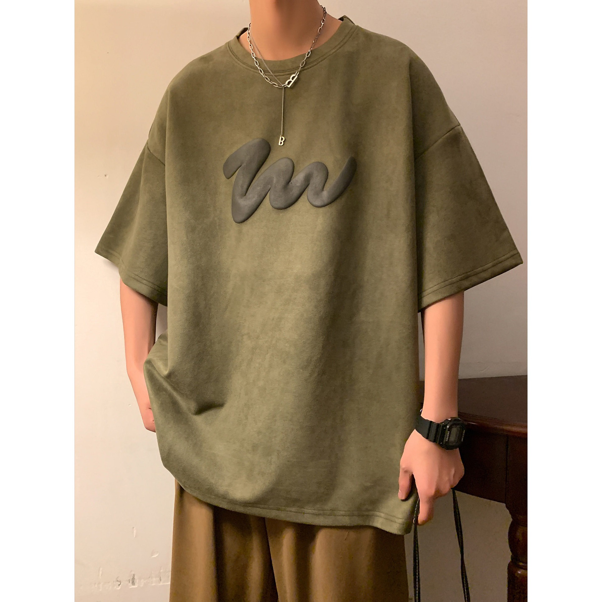 T-shirt a maniche corte pesante in stile americano per uomo, nuova estate alla moda, oversize, ampia e versatile, in pelle scamosciata, maniche corte_voghion.com