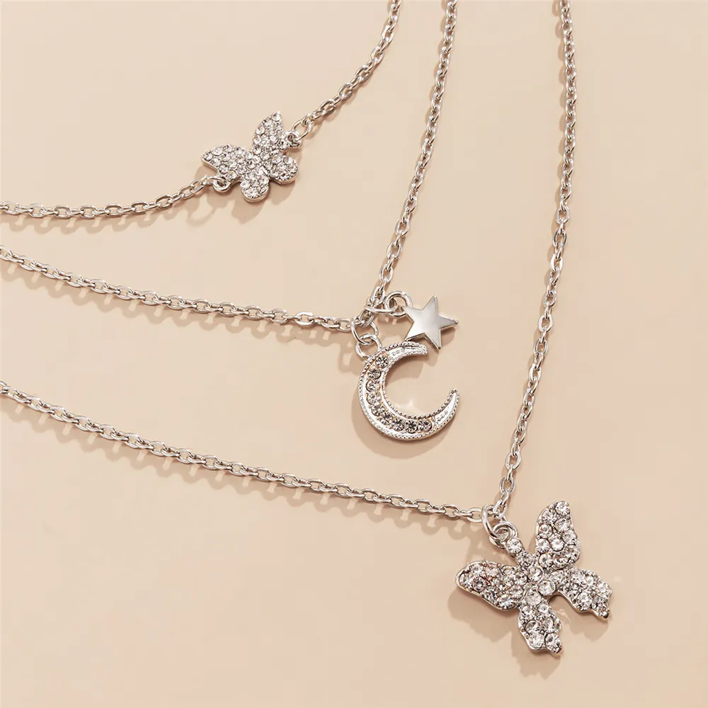 Colliers pendentifs mode bohème plaqué or argent couleur cristal papillon lune étoile collier pour femmes collier ras du cou multicouche_voghion.com